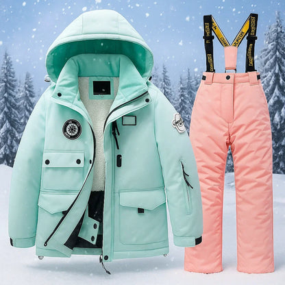 Red kids' waterproof fleece-lined thermal ski suit with hood, front view