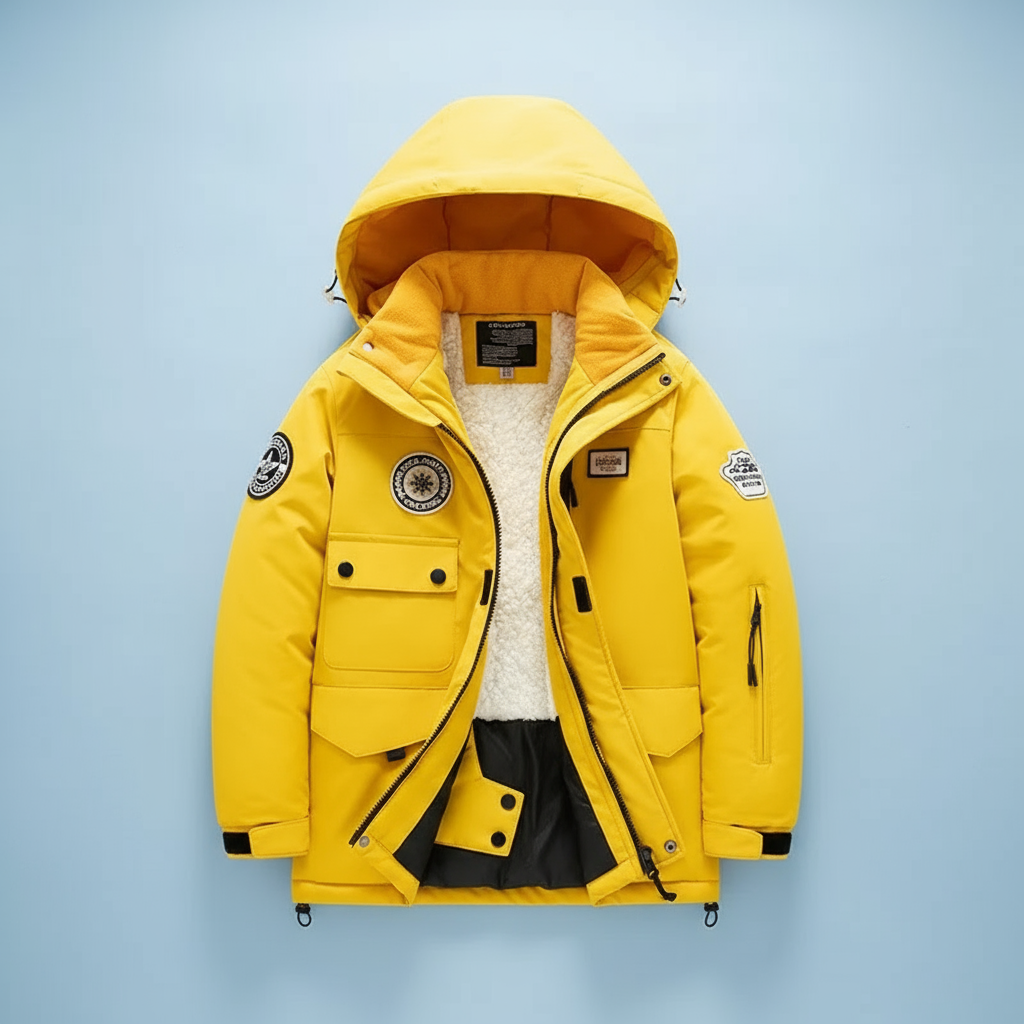 Close-up of waterproof fabric on a kids' thermal ski suit with fleece lining