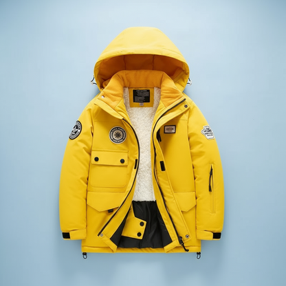 Close-up of waterproof fabric on a kids' thermal ski suit with fleece lining
