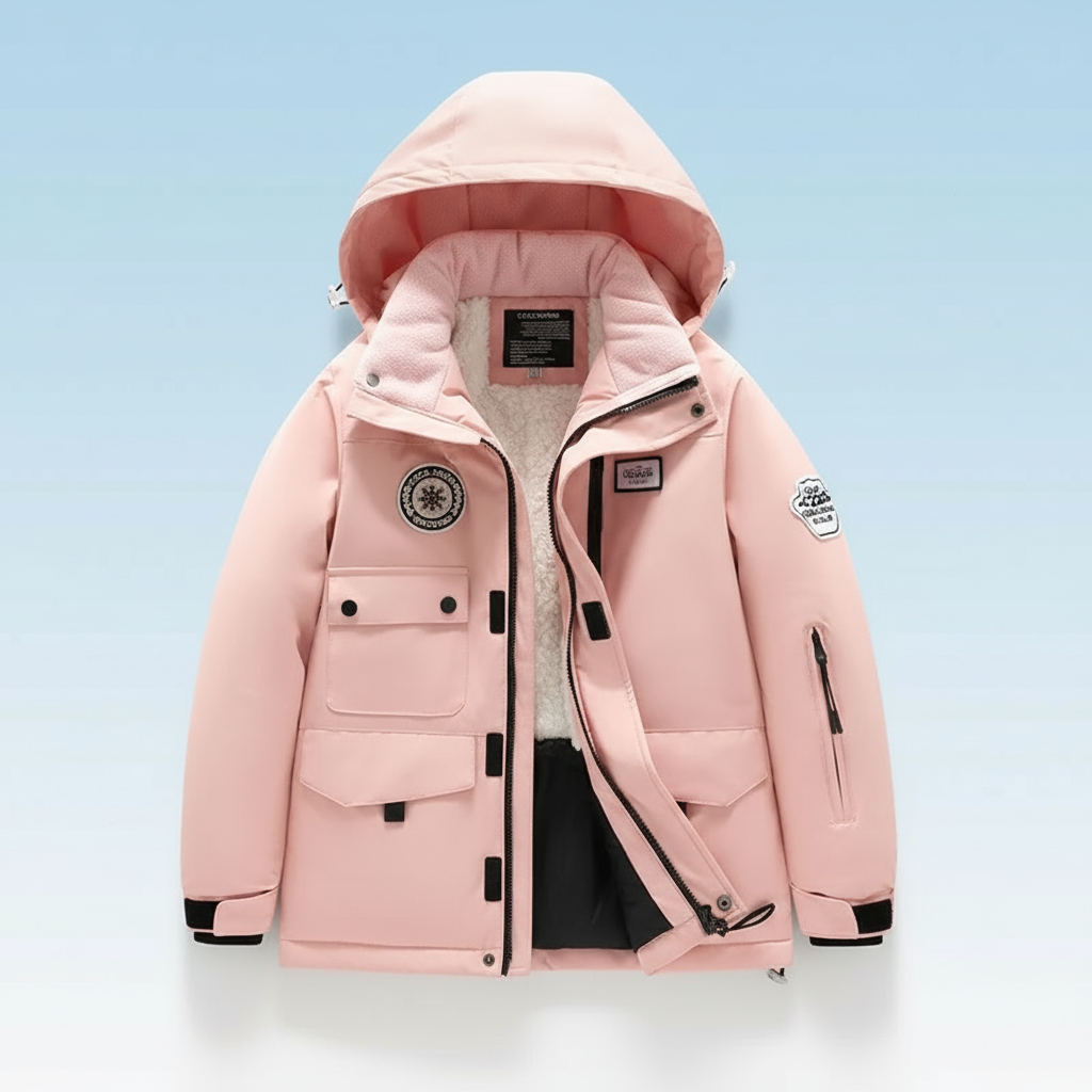 Side view of blue children's snowsuit, waterproof, fleece-lined, ergonomic design