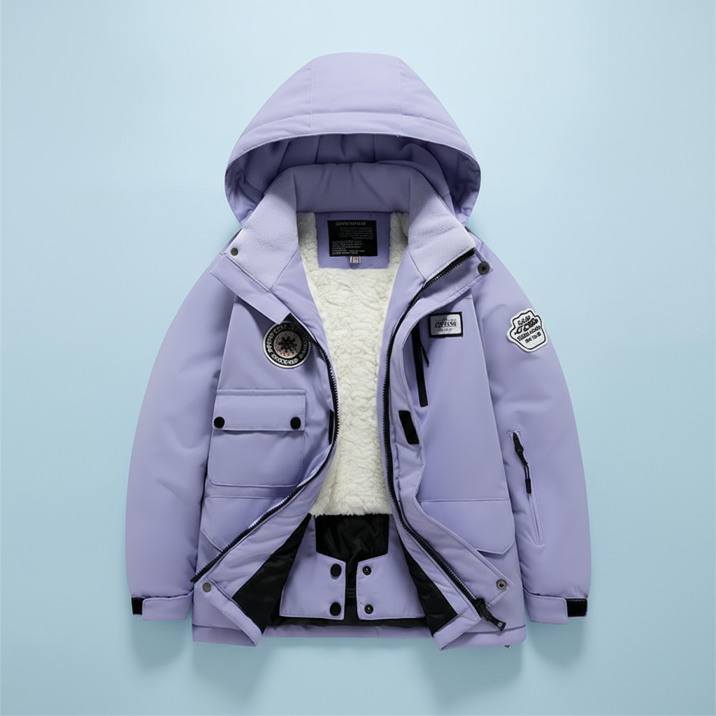 Back of pink youth outerwear ski suit, waterproof, with reflective striping