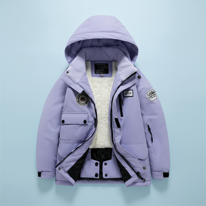 Back of pink youth outerwear ski suit, waterproof, with reflective striping