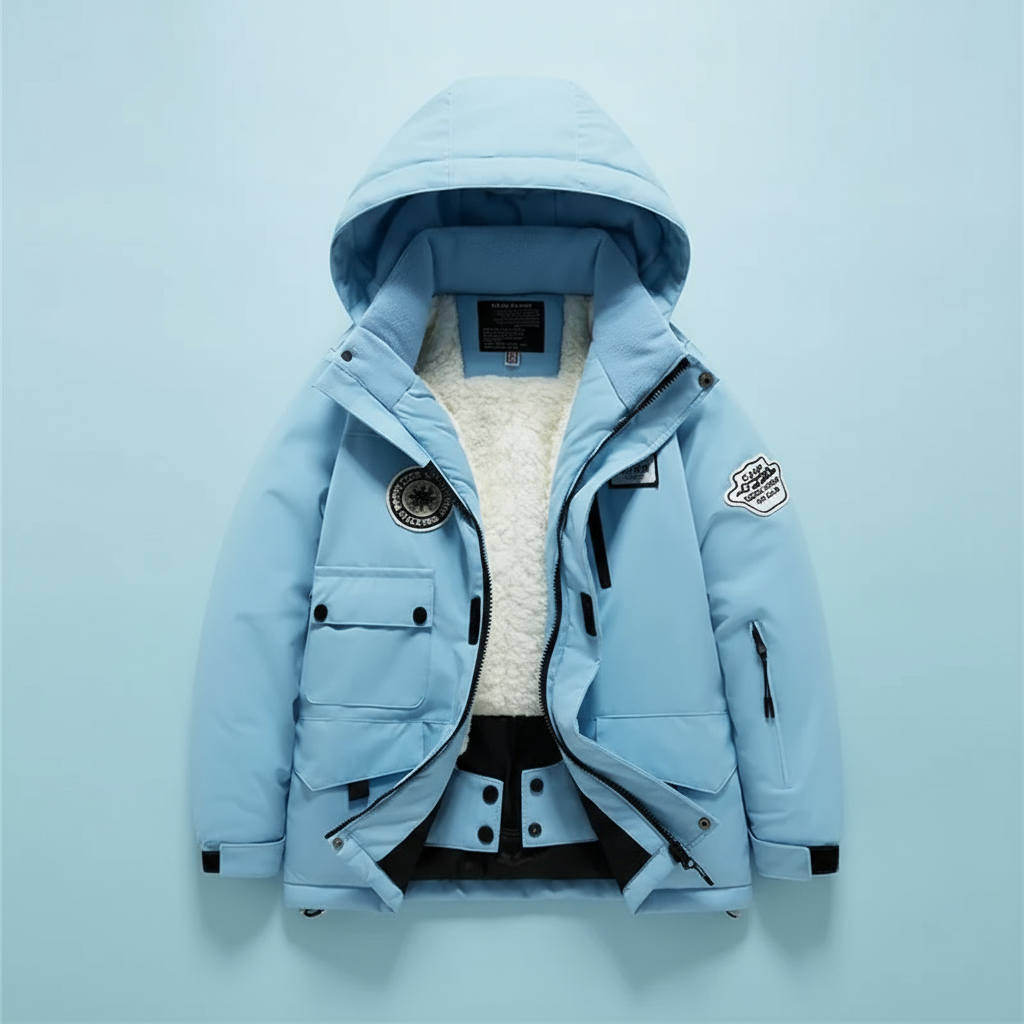 Detail of zip and pocket on green kids' waterproof fleece-lined thermal ski suit