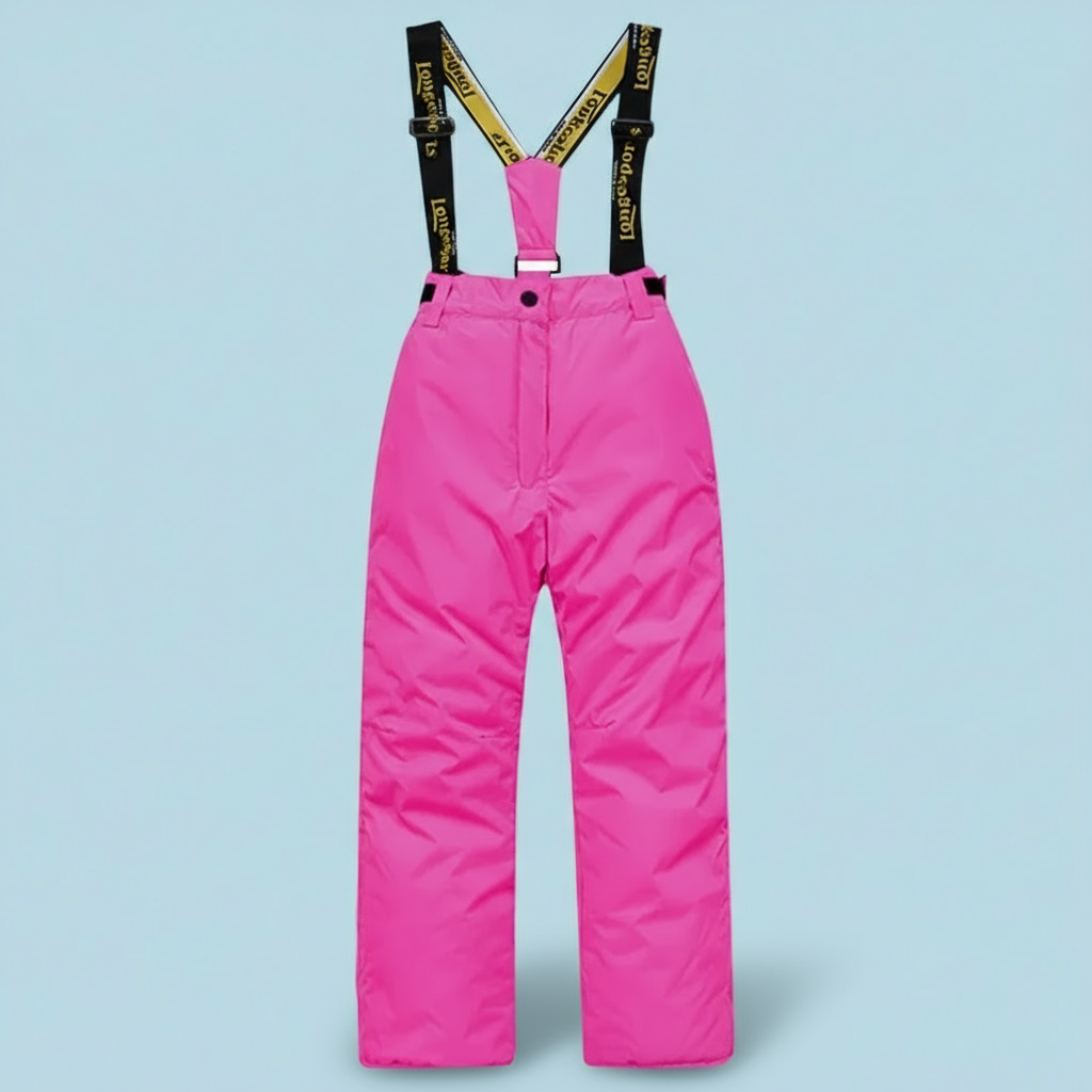 Purple kids' ski suit, fleece-lined interior, waterproof outer shell, high quality