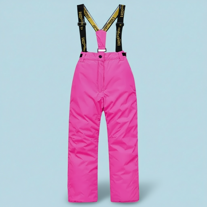 Purple kids' ski suit, fleece-lined interior, waterproof outer shell, high quality