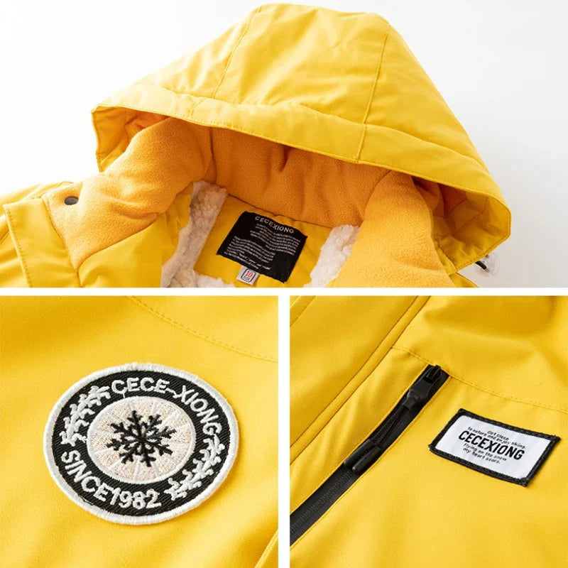 Orange children's thermal snowsuit, waterproof, with reinforced knees and seat