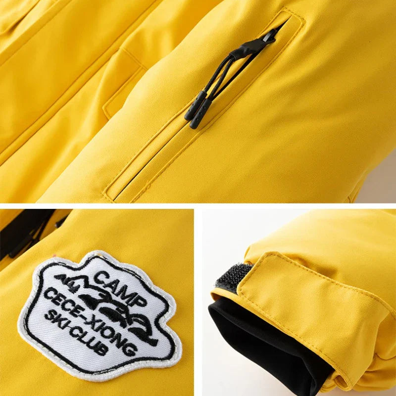 Black youth waterproof skiwear, fleece-lined, full-body protection for cold