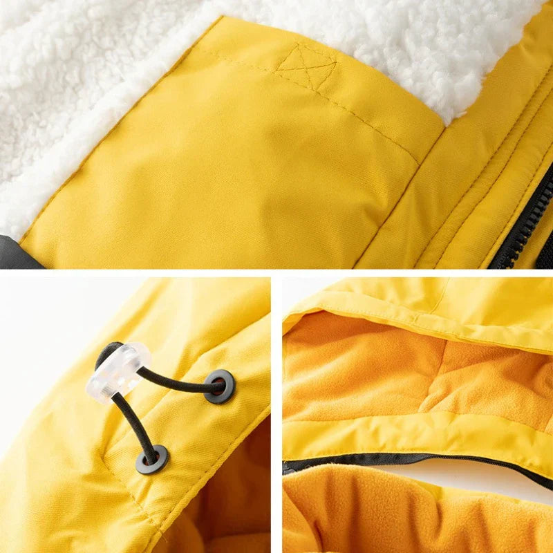 Gray kids' ski suit with detachable hood, waterproof and warm fleece lining