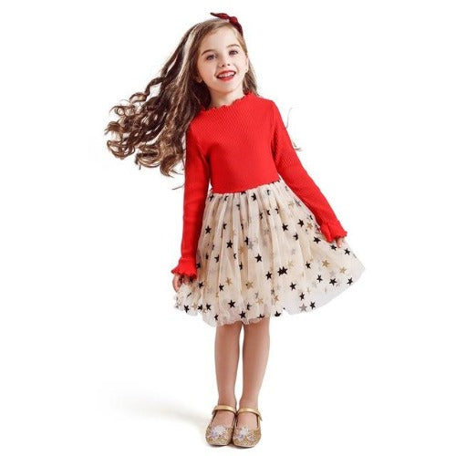Red long sleeve star mesh print party dress for girls, perfect for holidays or special occasions.