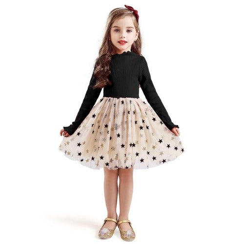 Black long sleeve star mesh dress for toddlers, featuring a shimmering star print.