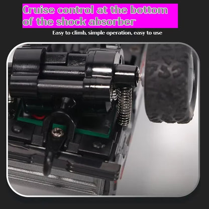 Side view of a red mini RC race truck, showcasing its streamlined chassis and wheels