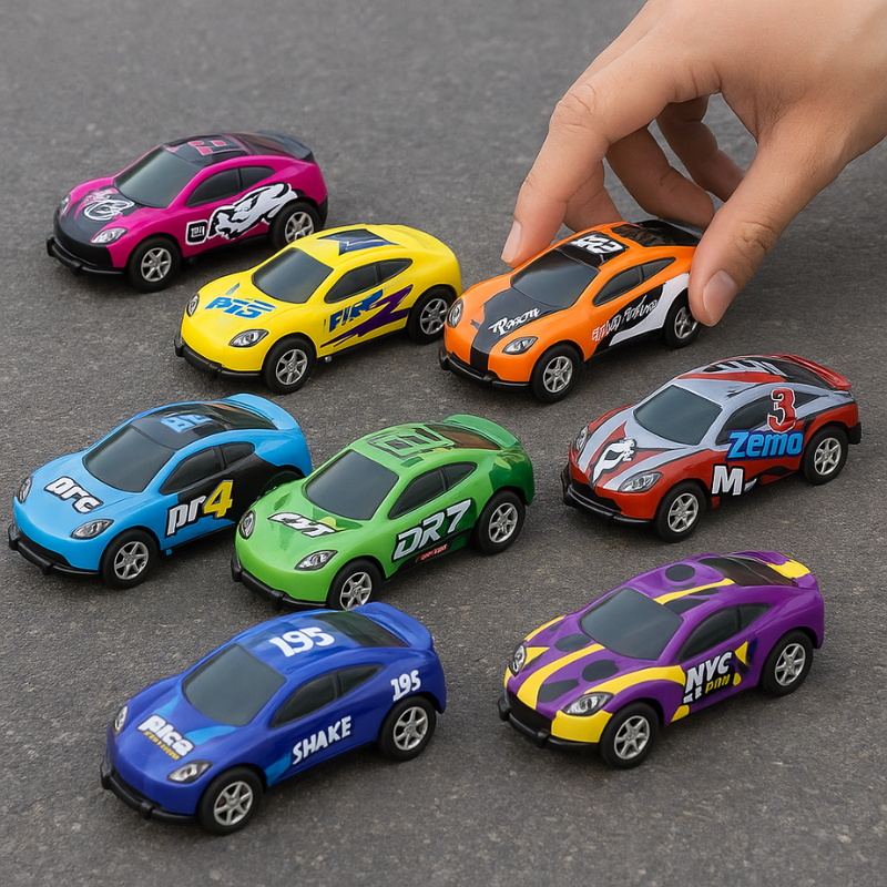 Red pull-back stunt car toy for kids, no batteries needed, performing a flip.
