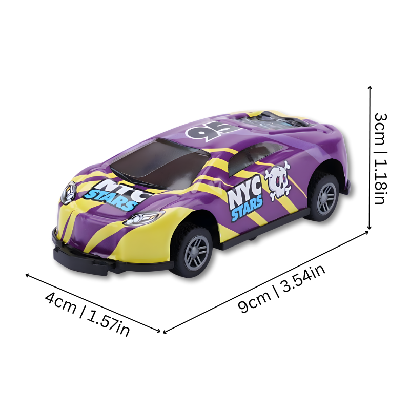 Battery-free pull-back stunt car toy in blue, designed for boys and girls.