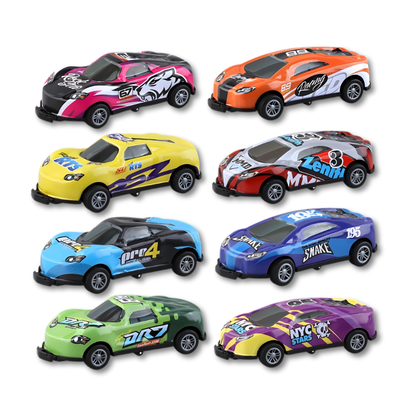 Yellow pull-back car, a durable and battery-free stunt toy, perfect gift for kids.