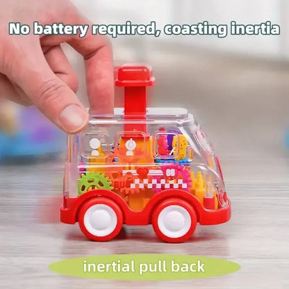 Green push and go friction powered toy car, perfect for young children.