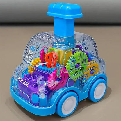 Close-up of a friction powered toy car wheel, ready for push and go action.