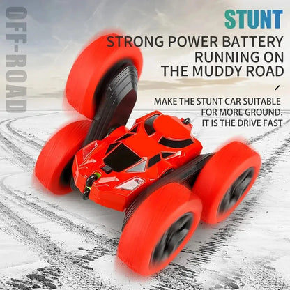 Yellow RC stunt car, 360 degree rotating wheels, kids remote control toy