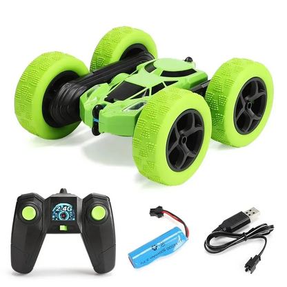 RC stunt car on rough terrain, powerful remote control off-road toy for kids