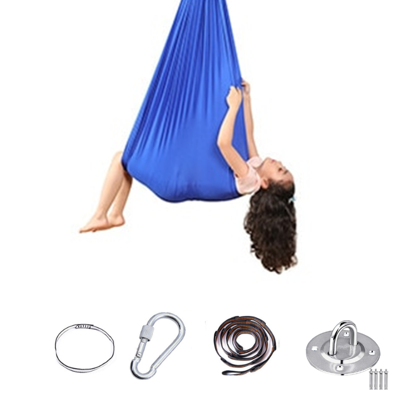 Green sensory swing pod hammock for children, promoting calm, relaxation, and fun play.