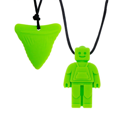 Unisex silicone chew necklace, gray, shown against a blurred background, for sensory and teething needs