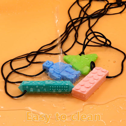 Blue sensory chew necklace, soft silicone, for oral motor stimulation and anxiety relief in children