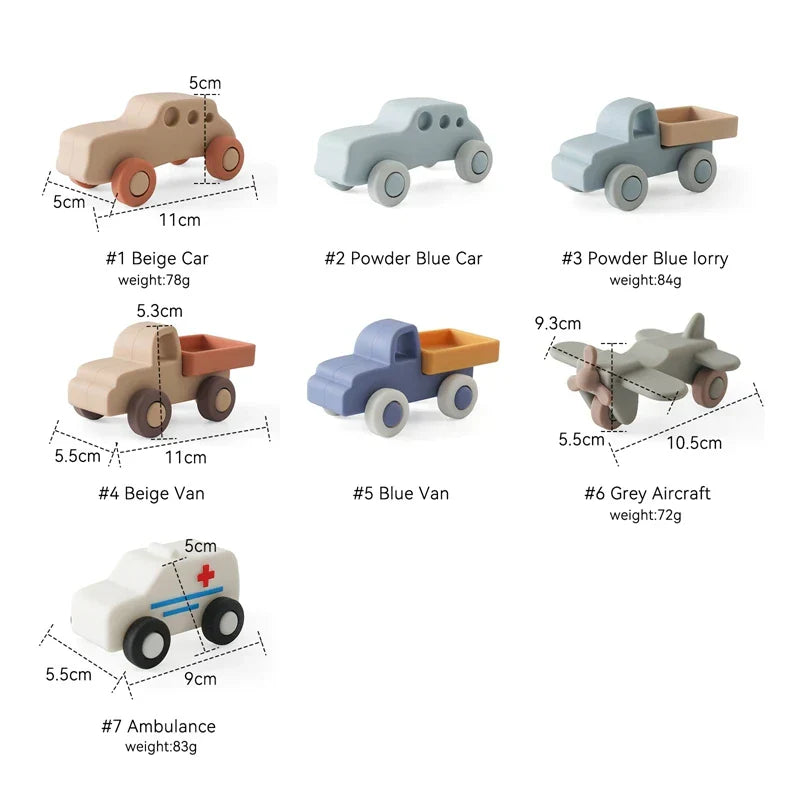 Toddler playing with a set of silicone vehicle teethers, enhancing fine motor skills