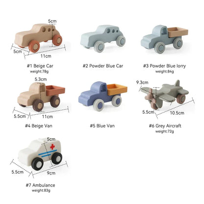 Toddler playing with a set of silicone vehicle teethers, enhancing fine motor skills