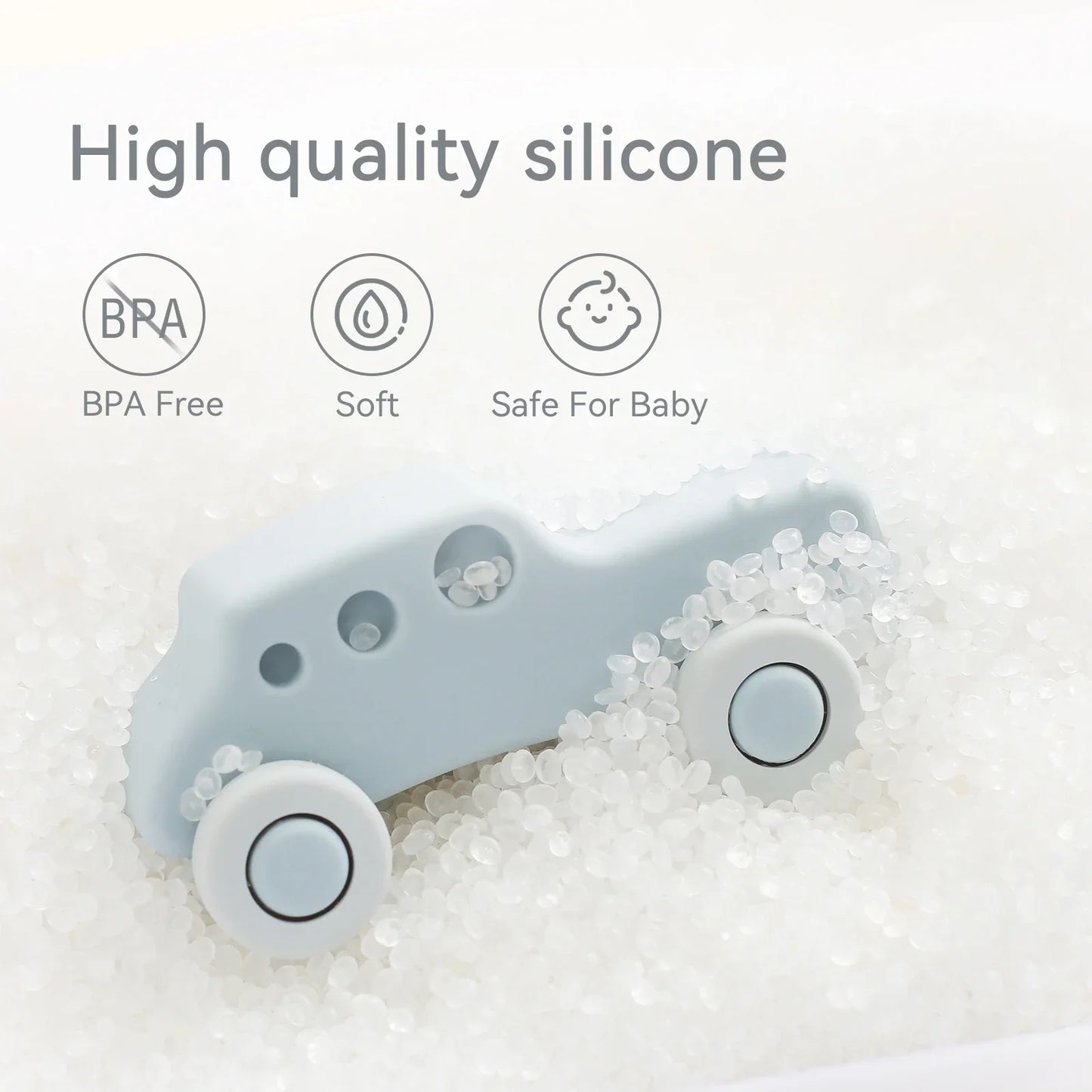 Blue truck-shaped silicone teether, an educational motor skill toy for infants