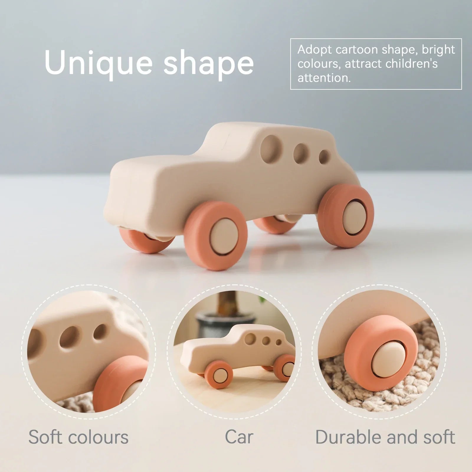 Set of colorful silicone vehicle teethers, non-toxic baby toy for motor skill development