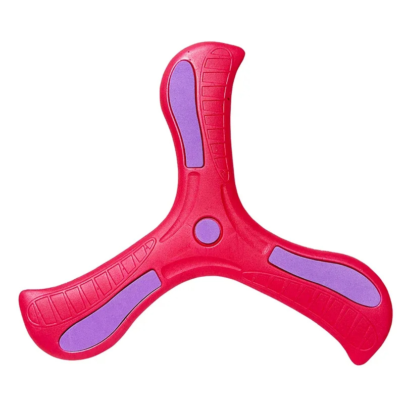 Close-up of a blue soft-grip boomerang toy, highlighting its safe, easy-to-hold design for kids.
