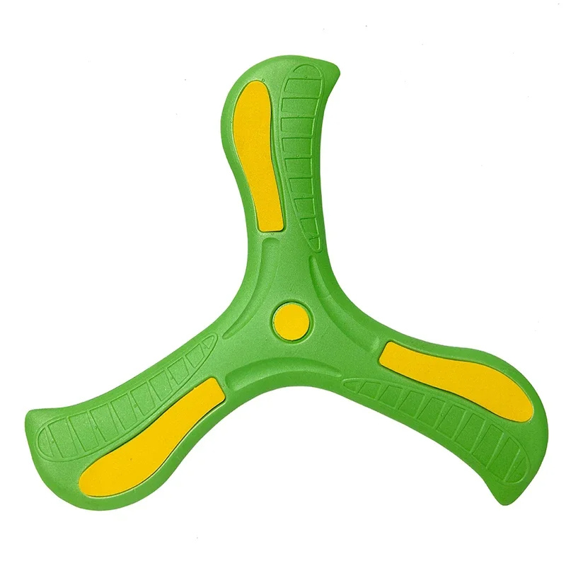 Family playing with a green soft-grip boomerang in a sunny park, ideal for summer outdoor fun.