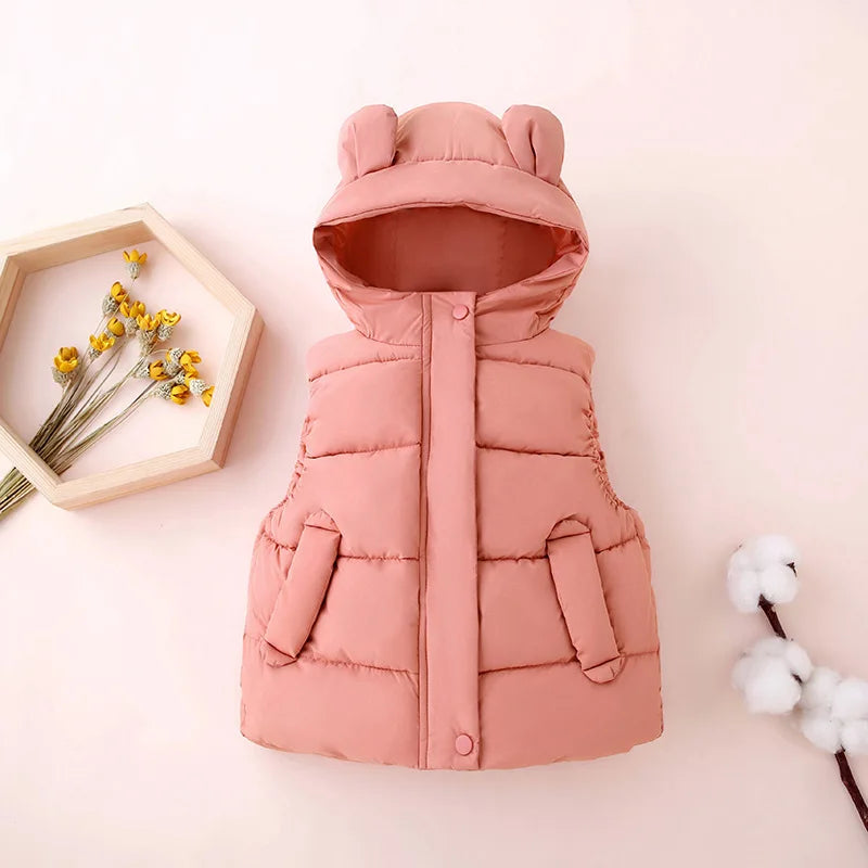Red toddler hooded puffer vest, warm kids outerwear for winter. Unisex, polyester.