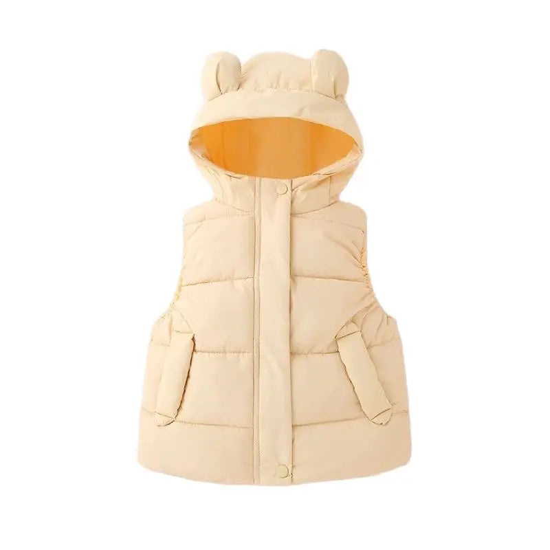 White toddler hooded puffer vest, clean design, warm polyester outerwear.