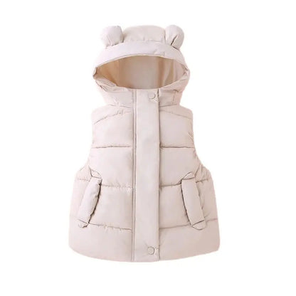 Striped toddler hooded puffer vest, playful kids fashion, cozy winter gear.