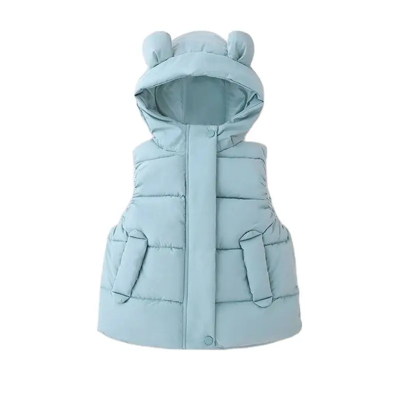 Patterned toddler hooded puffer vest, unique baby apparel, soft and functional.