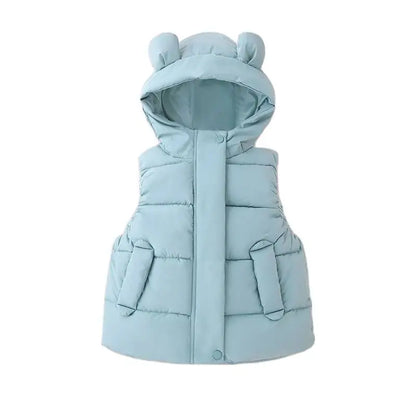 Patterned toddler hooded puffer vest, unique baby apparel, soft and functional.