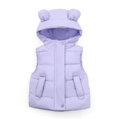 Close-up of a toddler hooded puffer vest, showing texture and hood detail.