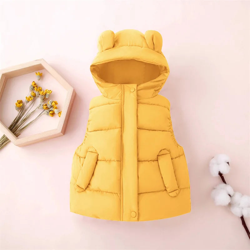 Green toddler hooded puffer vest, durable polyester, perfect for chilly weather.