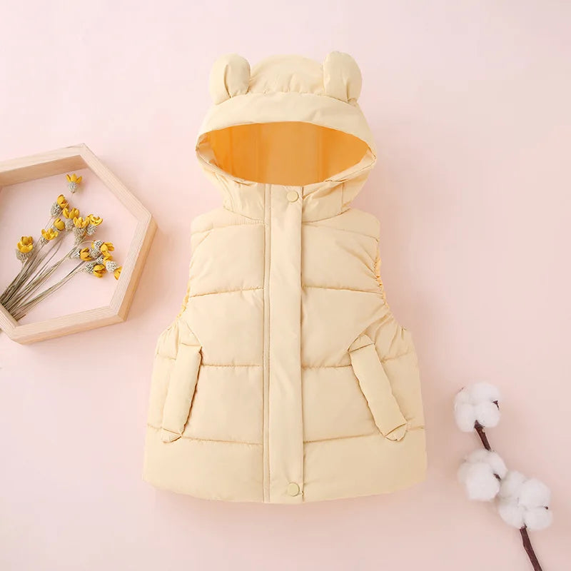 Black toddler hooded puffer vest, classic baby clothing, versatile and warm.