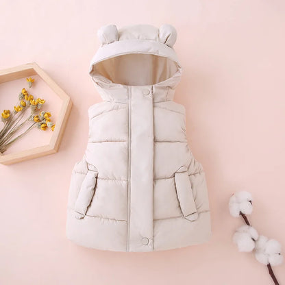 Pink toddler hooded puffer vest, cute kids outerwear, essential winter vest.