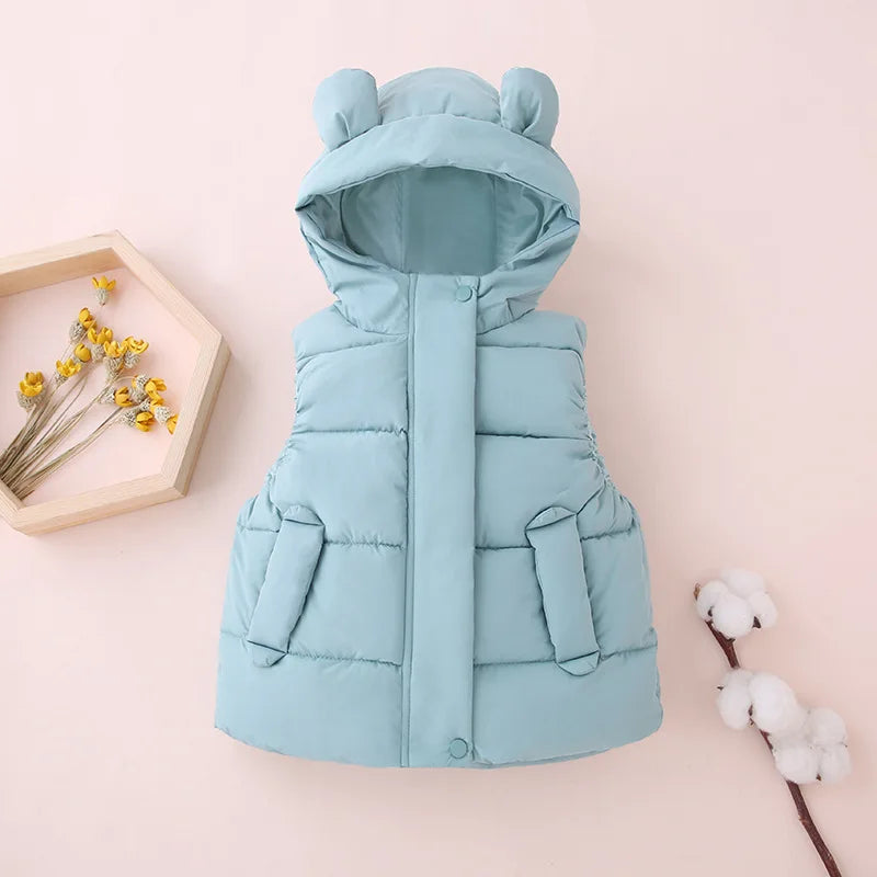 Purple toddler hooded puffer vest, snug baby clothes, ideal for layering.