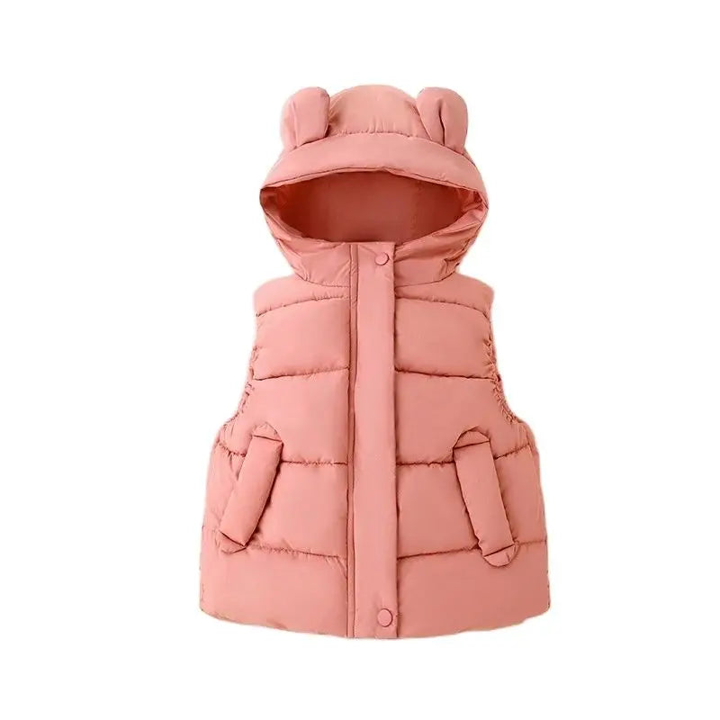 Grey toddler hooded puffer vest, neutral unisex vest, cozy and practical.
