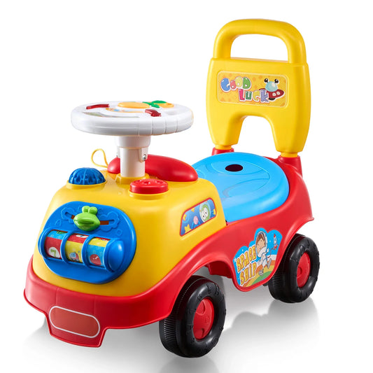 Red toddler ride on push car with music, storage, and anti-tip design for indoor/outdoor play