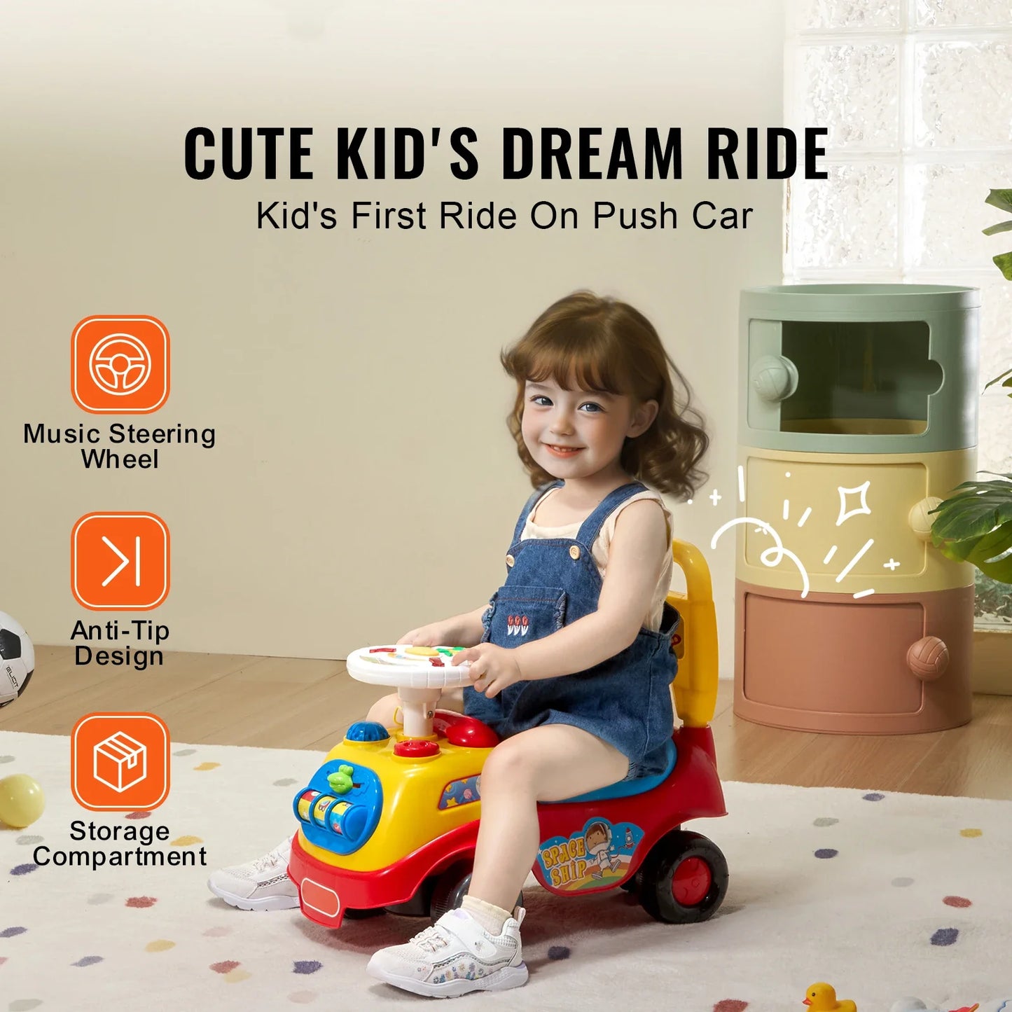 Toddler ride on push car in a home setting, showing kids activity, music features, and storage seat