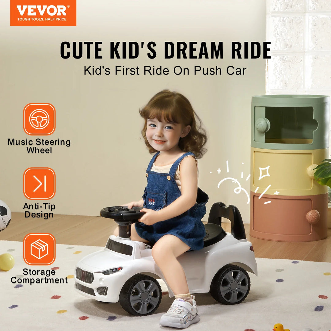 Close-up of musical steering wheel on a yellow toddler push car, a fun baby toy