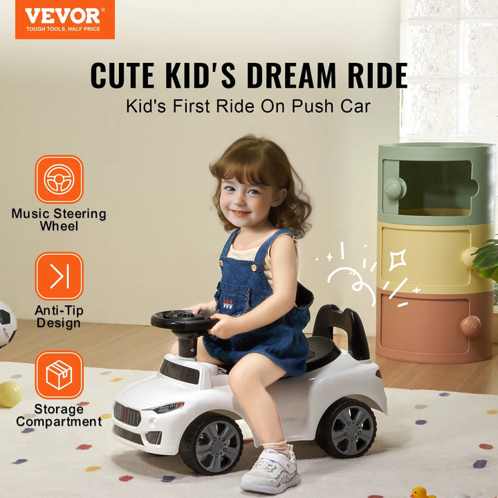 Close-up of musical steering wheel on a yellow toddler push car, a fun baby toy