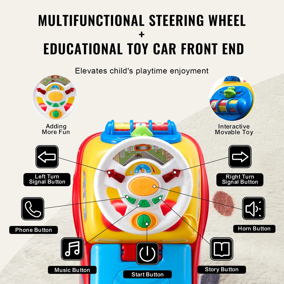 Child pushing themselves on a blue toddler ride on car with storage, demonstrating baby balance