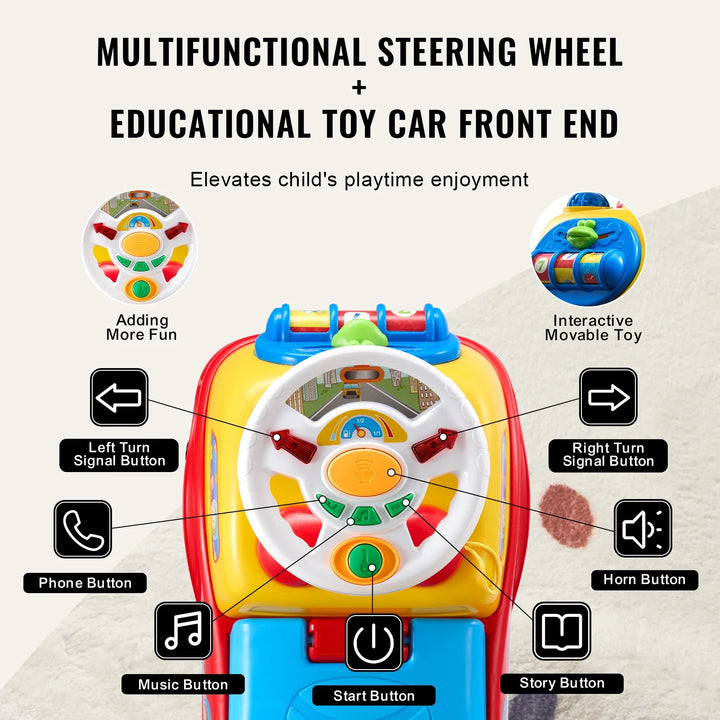 Child pushing themselves on a blue toddler ride on car with storage, demonstrating baby balance