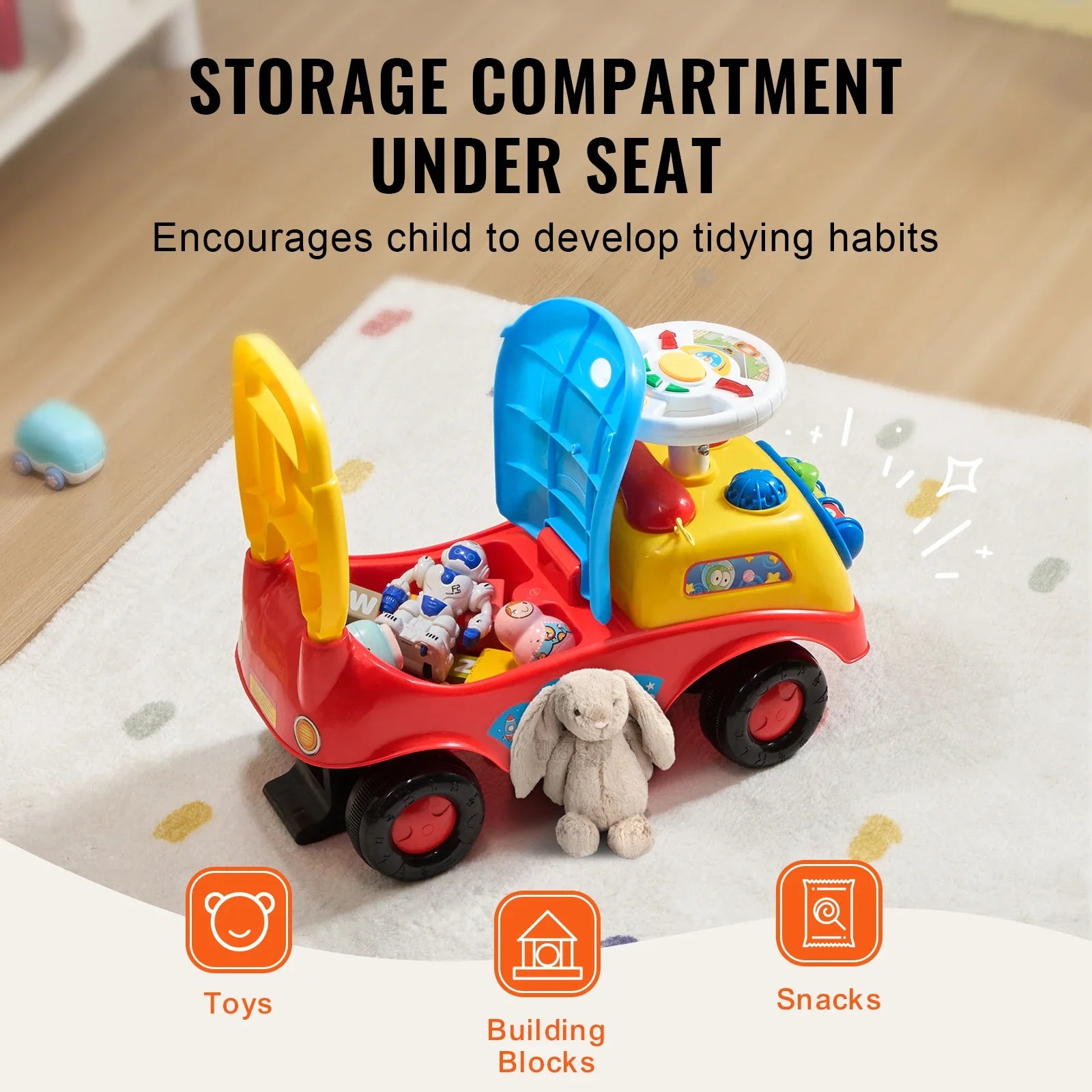 Green ride on push car with music and under-seat storage, a safe anti-tip childrens vehicle