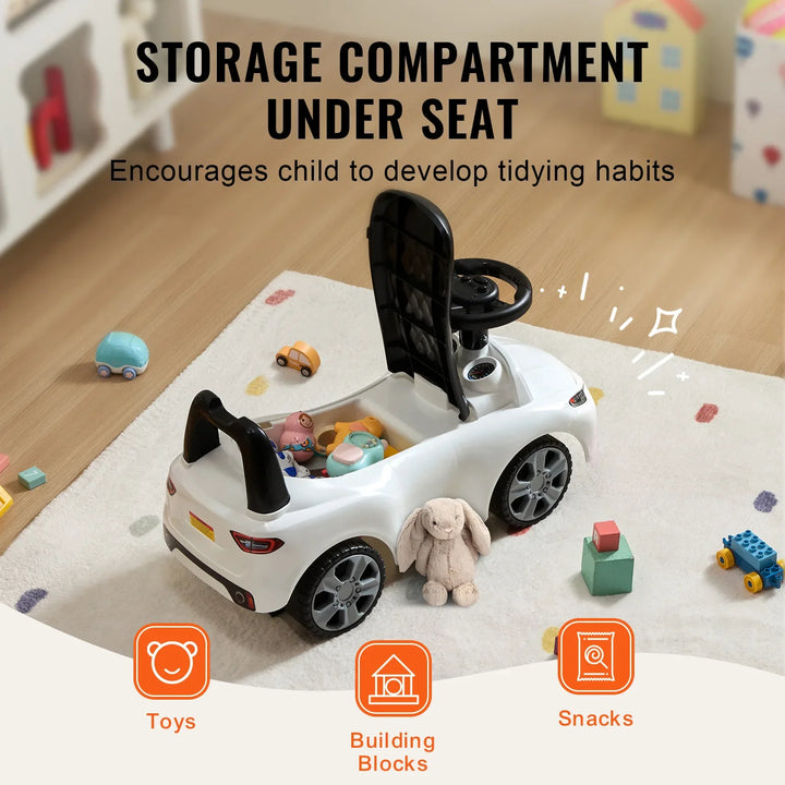 Parents pushing a pink toddler car with built-in music, designed for young children's gift